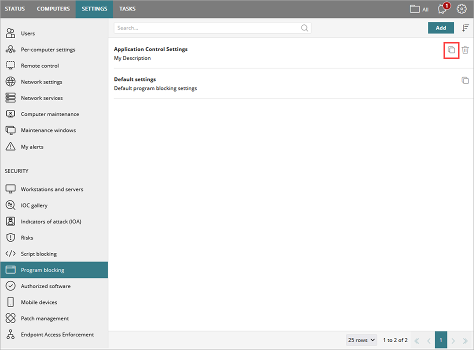 Screen shot of WatchGuard Endpoint Security, Copy settings profile