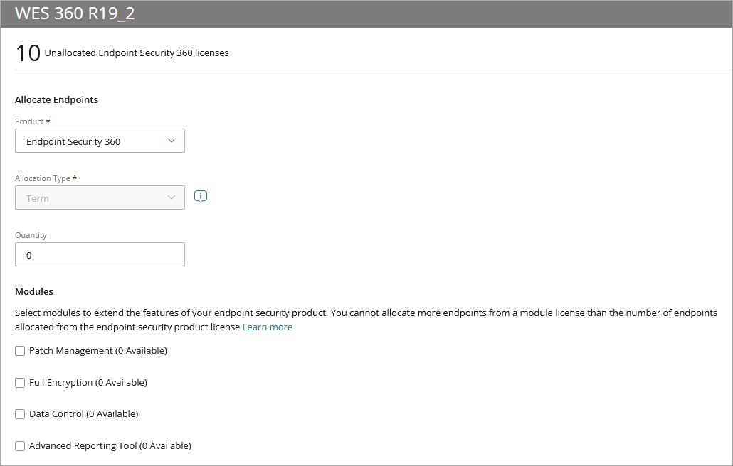 Screen shot of Endpoint Security Allocation page with modules