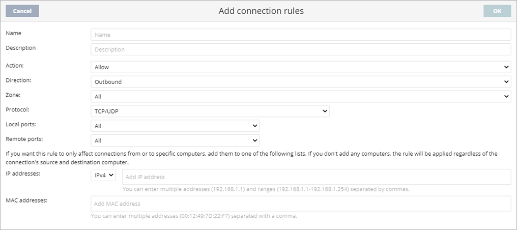 Screen shot of WatchGuard Endpoint Security, Add Connection Rules dialog box