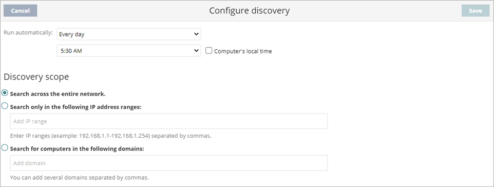 Screen shot of WatchGuard Endpoint Security, configure discovery scope