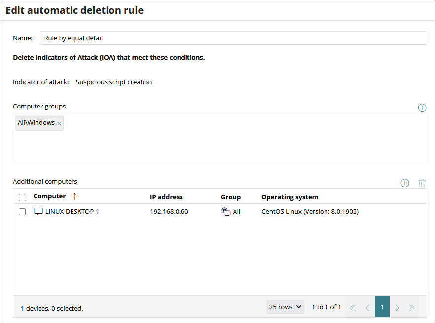 Edit Automatic Deletion Rule dialog box in Endpoint Security