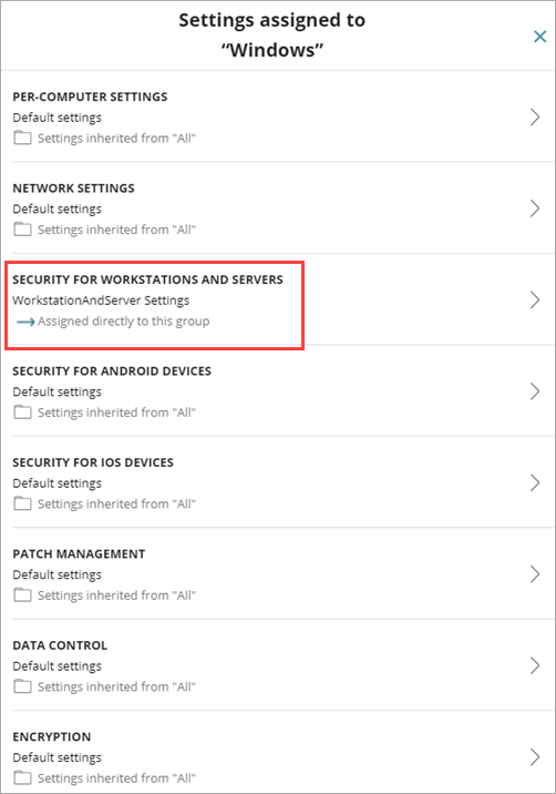 Screen shot of Settings Assigned dialog box, directly assigned.