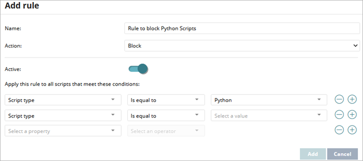 Screenshot of the Add Rule page for script blocking