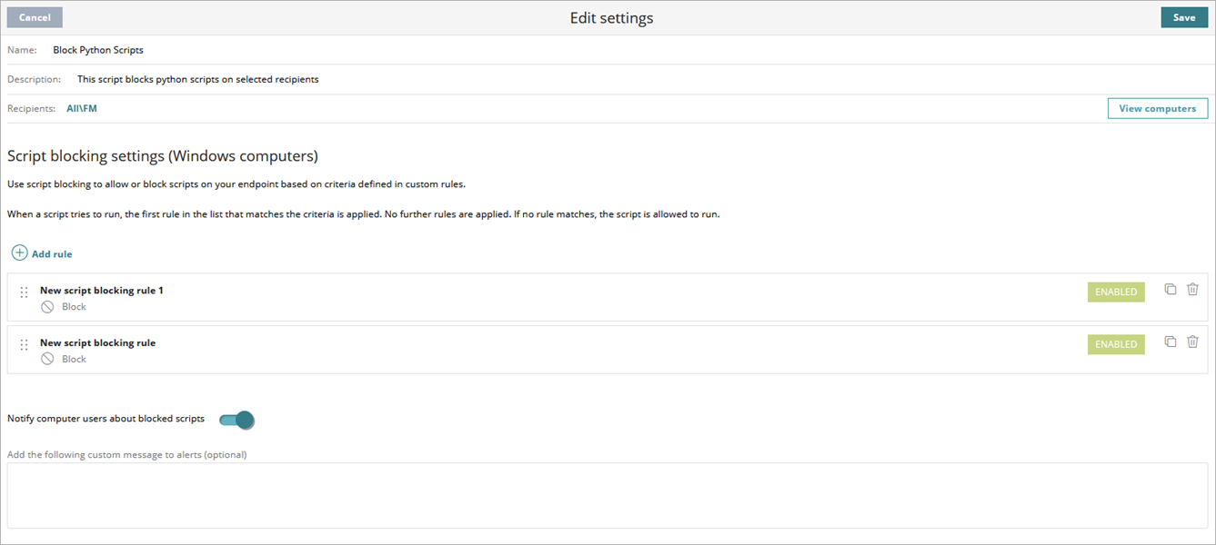 Screenshot of the script blocking edit settings page