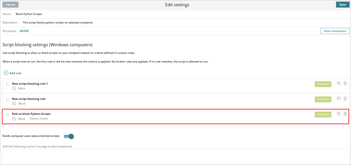 Screenshot of the added rule in the script blocking profile