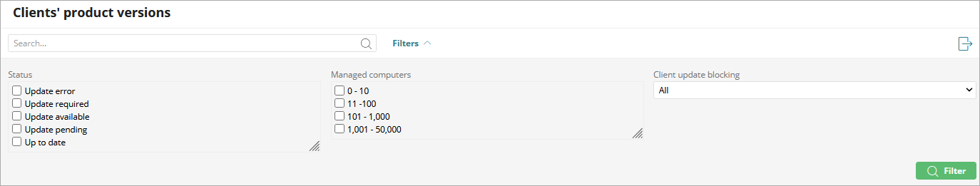 Screen shot of Clients product versions filter in Endpoint Security multi-tenant management UI