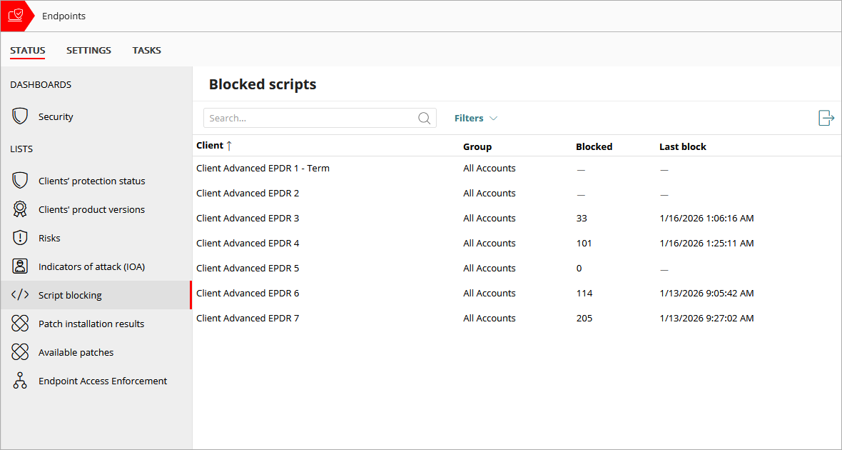 Screen shot of Blocked Scripts list for Service Providers in Endpoint Security