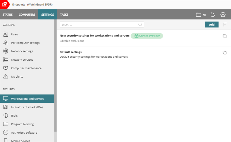 Screen shot of Service Provider Endpoint Manager, Service Provider tag