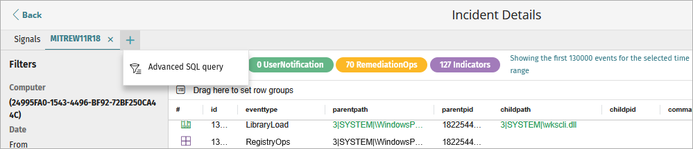 Screen shot of Incident Details page in Advanced EPDR, Advanced SQL Query