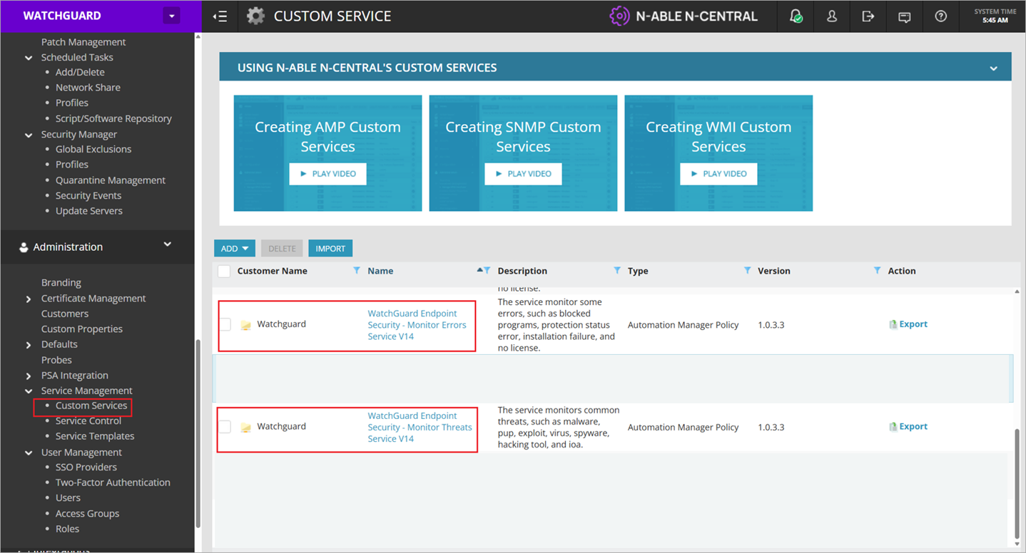 Screenshot of N-central, Custom Services page.