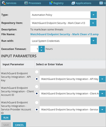 Screenshot of Automation Policy parameters for WatchGuard Endpoint Security in N-central