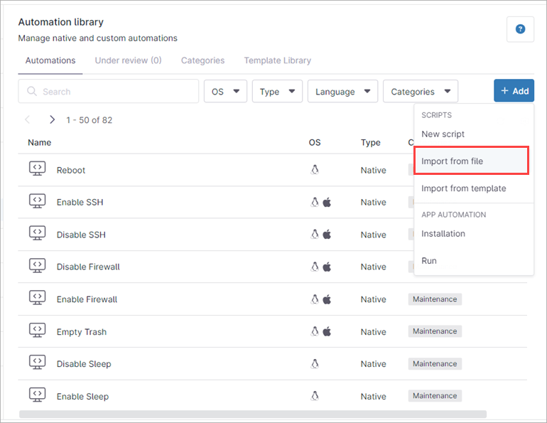 Screenshot of the Add New Automation drop-down list in NinjaOne