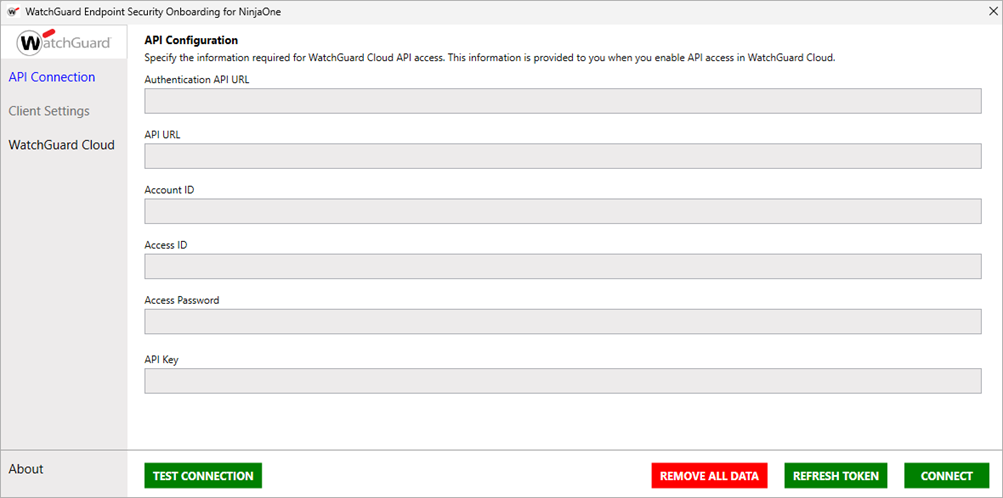 Screenshot of the API Connection page in the NinjaOne Onboarding application