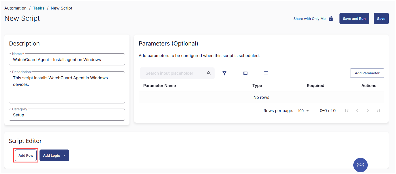 Screen shot of ConnectWise RMM, New Script page