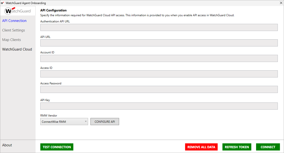 Screen shot of WatchGuard Agent Onboarding application, API Configuration page