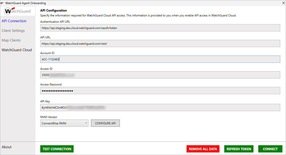Screen shot of WatchGuard Agent Onboarding application, API Configuration page