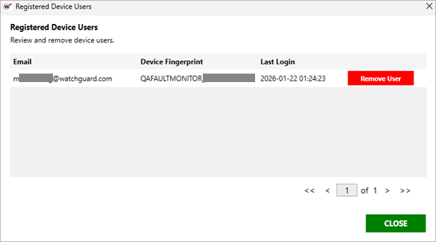 Screenshot of the Registered Device Users window.