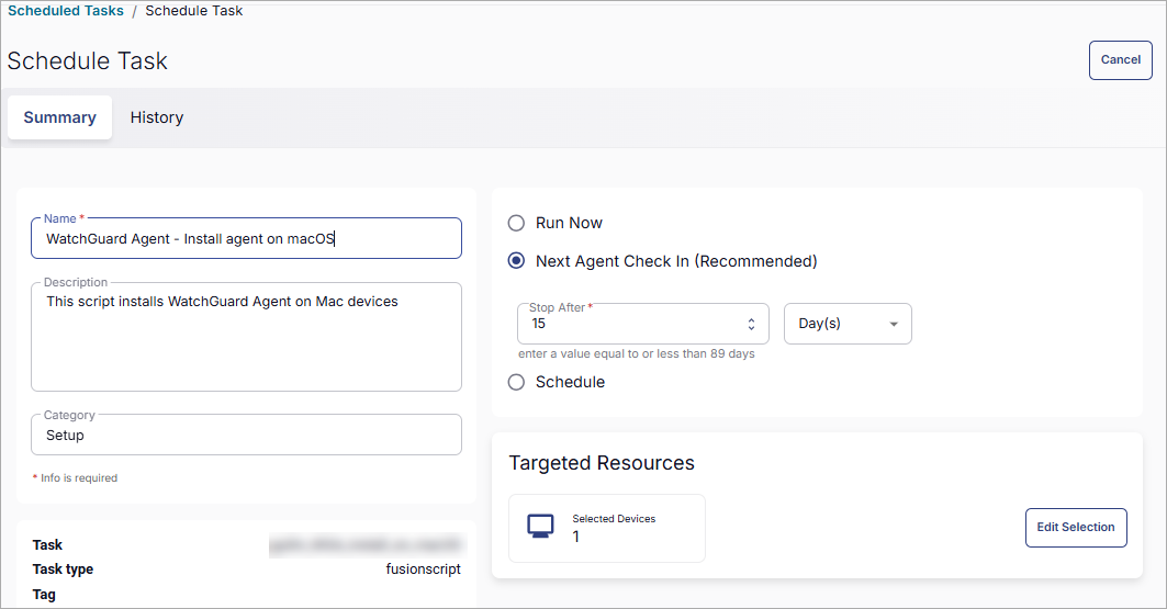 Screen shot of ConnectWise RMM, Schedule Task page
