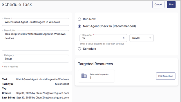 Screen shot of ConnectWise RMM, Schedule Task page