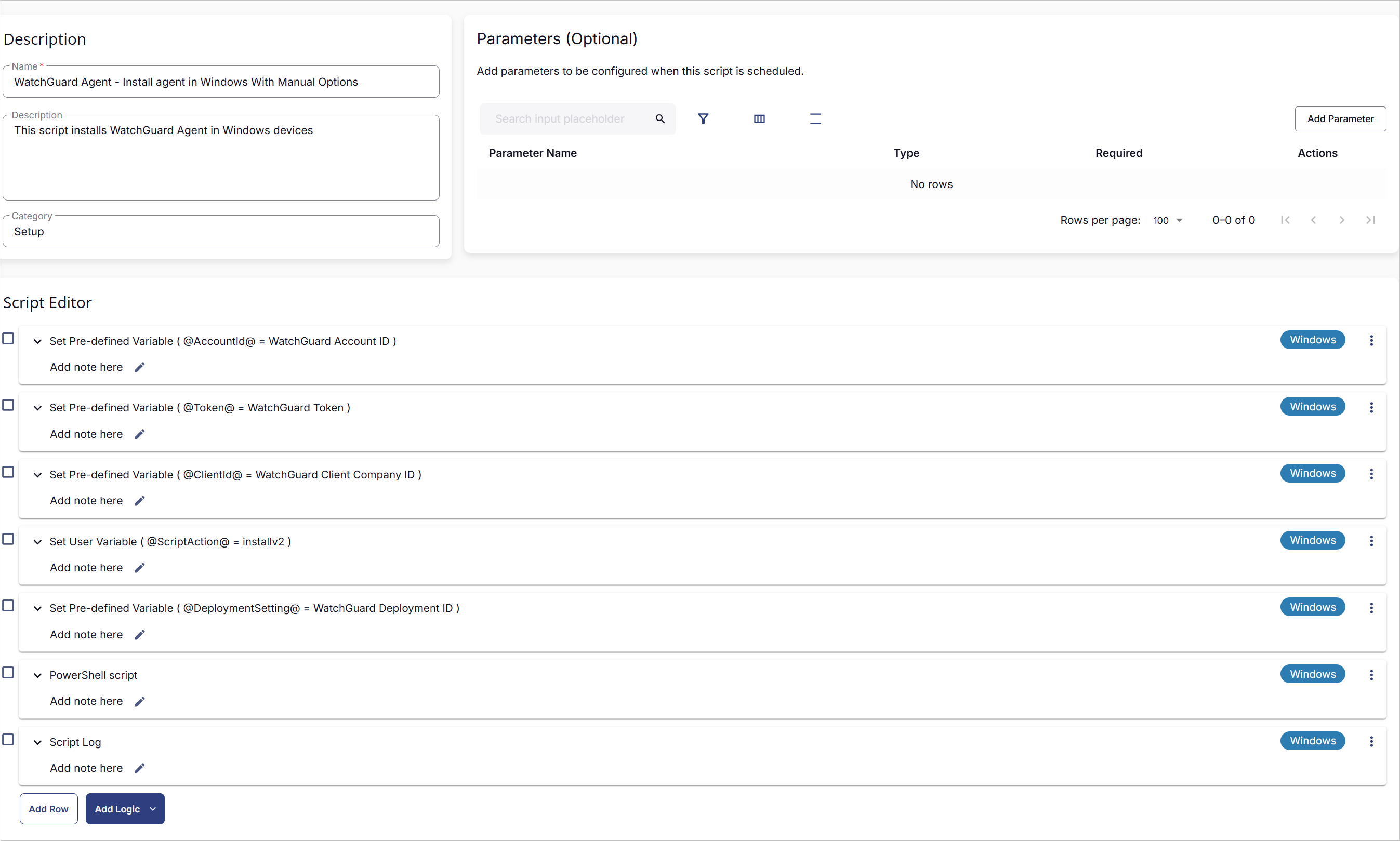Screen shot of ConnectWise RMM, Script Editor page