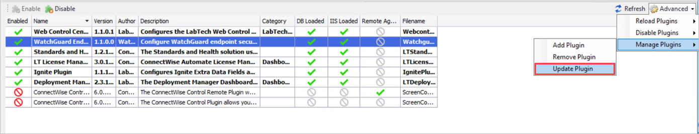 Screen shot of the ConnectWise Automate Control Center Plugin Manager to remove a plug-in