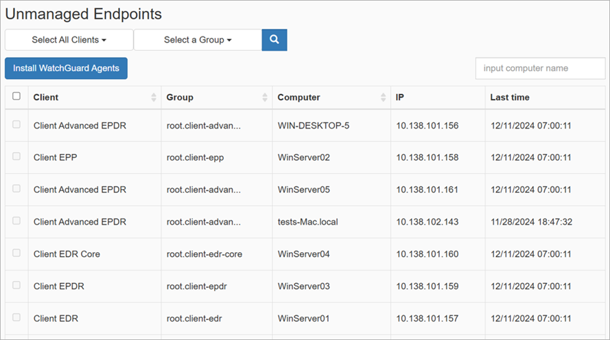 Screen shot of the Unmanaged Endpoints page in the Kaseya VSA UI plug-in