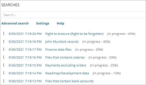 Screen shot of WatchGuard EPDR, Data Control Searches list