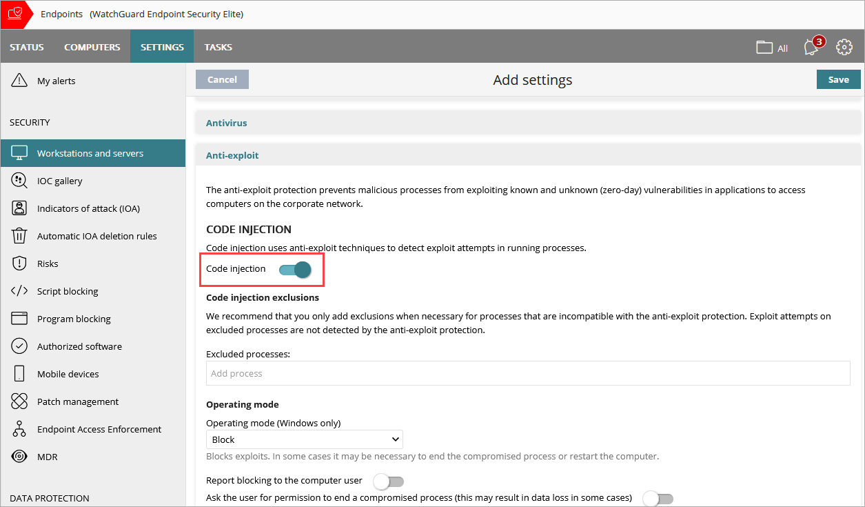 Screen shot of Anti-Exploit security settings