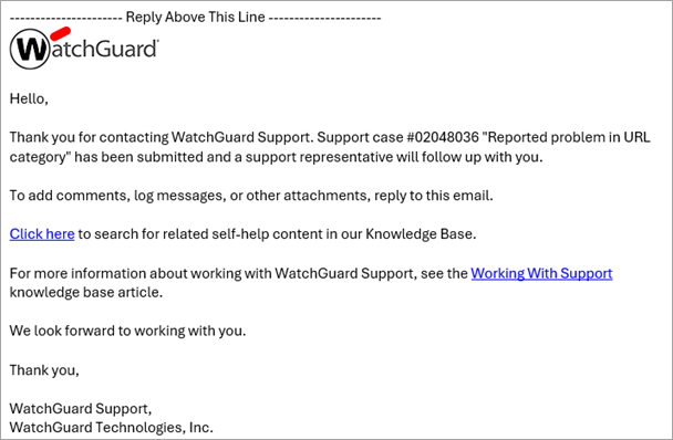 Screenshot of the Support email with case number
