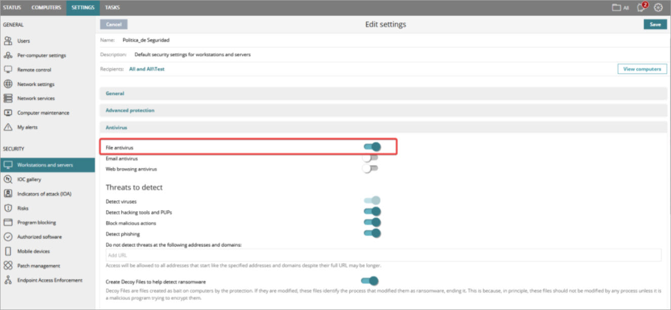 Screen shot of how to enable File Antivirus
