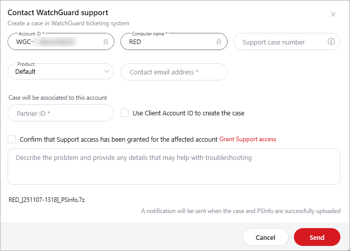 Screenshot of the Contact WatchGuard Support dialog box
