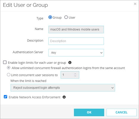 Screen shot of the Edit User or Group settings in Fireware Web UI