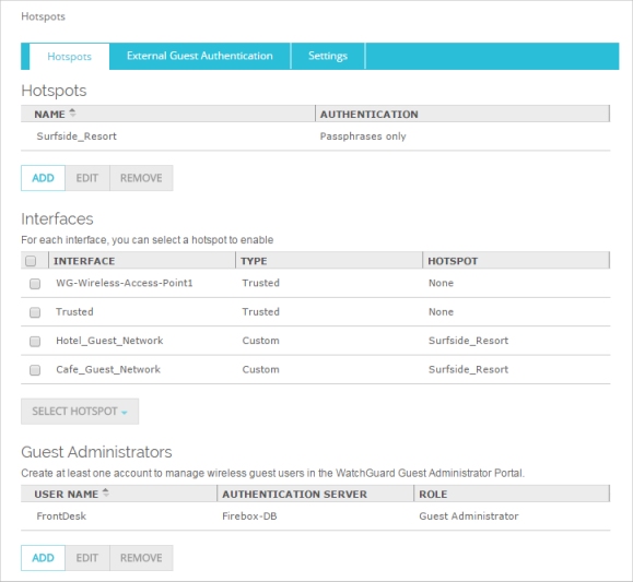 Screen shot of the Hotspots page in Fireware Web UI