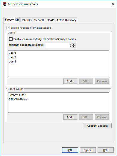Screen shot of the Authentication Servers dialog box, Firebox tab