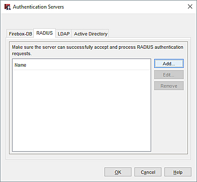 Screen shot of the Authentication Servers dialog box, RADIUS tab