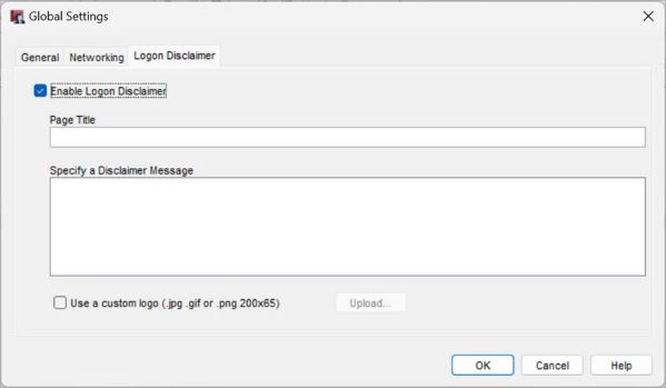 Screen shot of the Global Settings dialog box, Logon Disclaimer tab