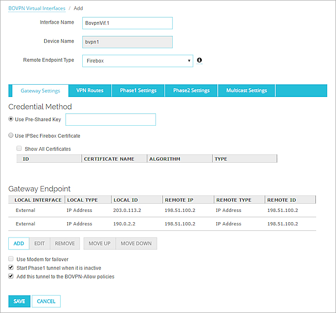 Screen shot of the BOVPN Virtual Interfaces page, Gateway Settings tab