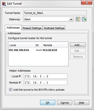 Screen shot of the Edit Tunnel dialog box - Addresses tab for Site B