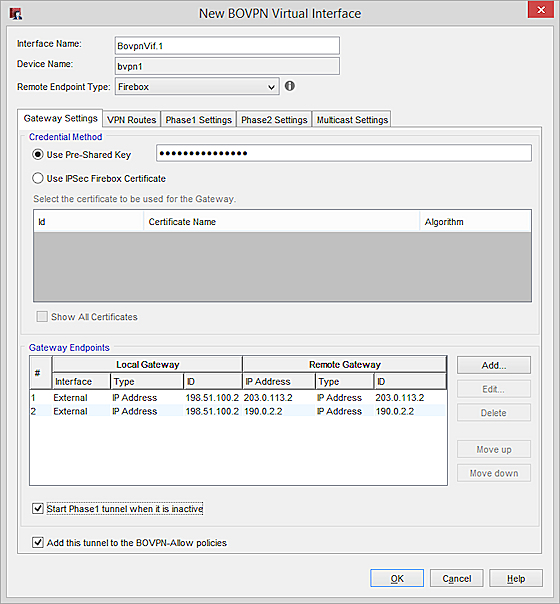Screen shot of the New BOVPN Interface dialog box, Gateway Settings tab