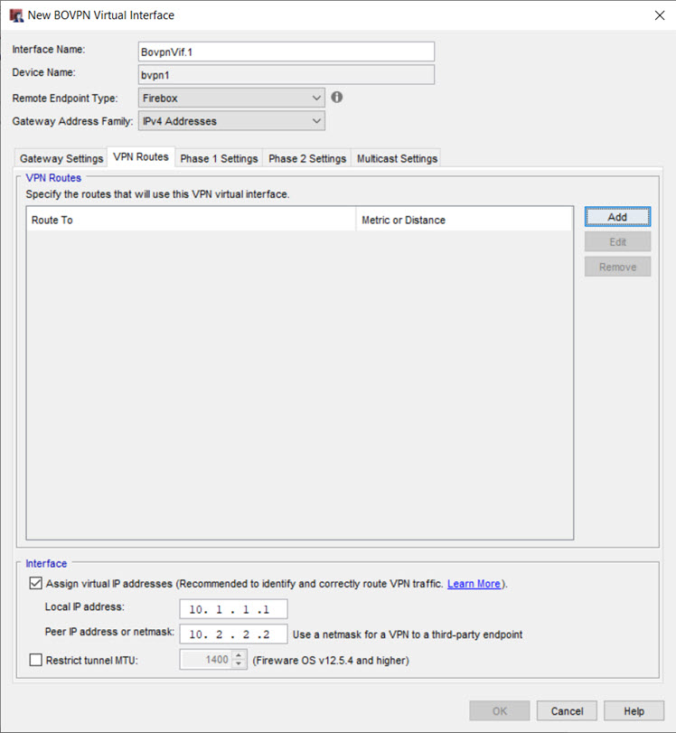Screen shot of the New BOVPN Virtual Interface dialog box, VPN Routes tab