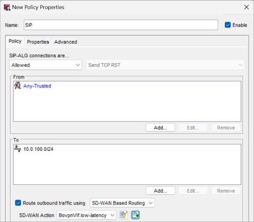 Screen shot of the SIP policy for Site A