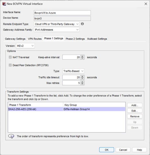 Screen shot of Phase 1 settings