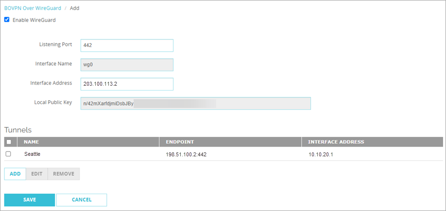 Screenshot of the WireGuard tunnels list with a peer tunnel