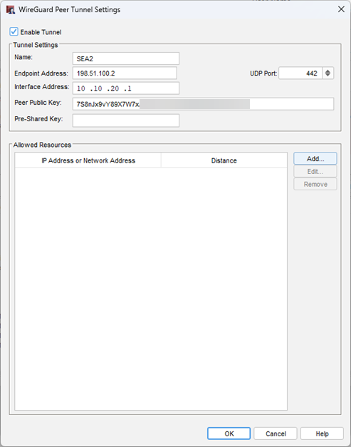 Screenshot of the WireGuard tunnel settings dialog box with peer values