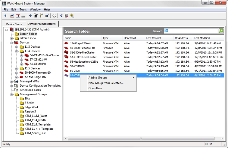 Screen shot of the Search results context menu for a single device
