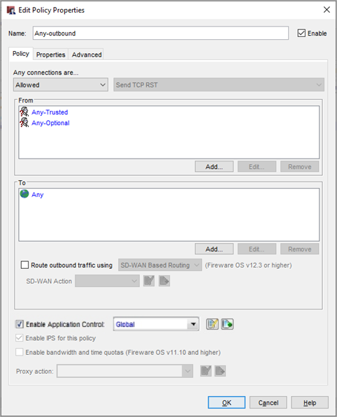 Screen shot of the Edit Policy Properties dialog box for the Any-outbound policy