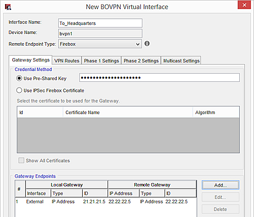 Screen shot of the BOVPN Virtual Interface Gateway Settings, Store 2 to HQ