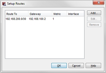 Screen shot of the Setup Routes dialog box for BGP Site A example configuration