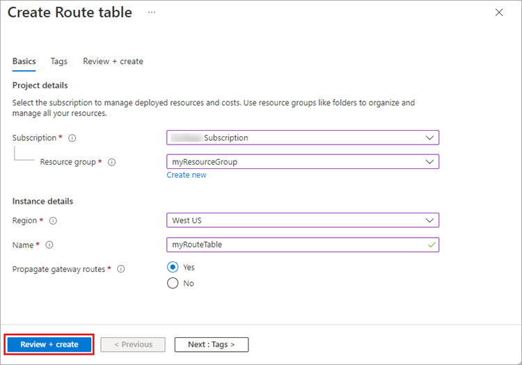 Screenshot of the Create Route Table dialog box in Azure