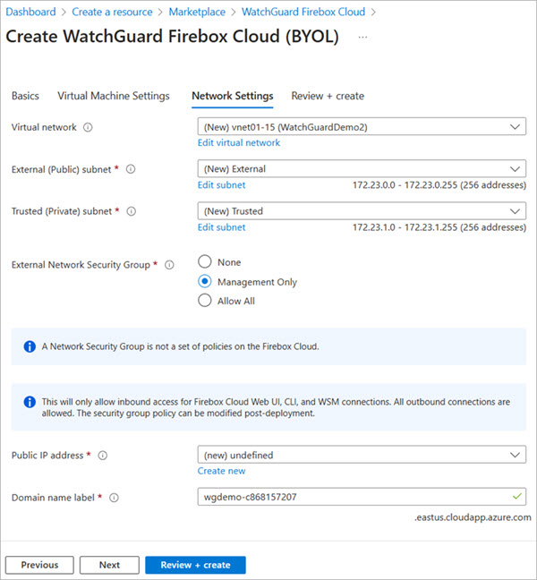 Screen shot of the Network Settings page in the Firebox Cloud Azure Wizard